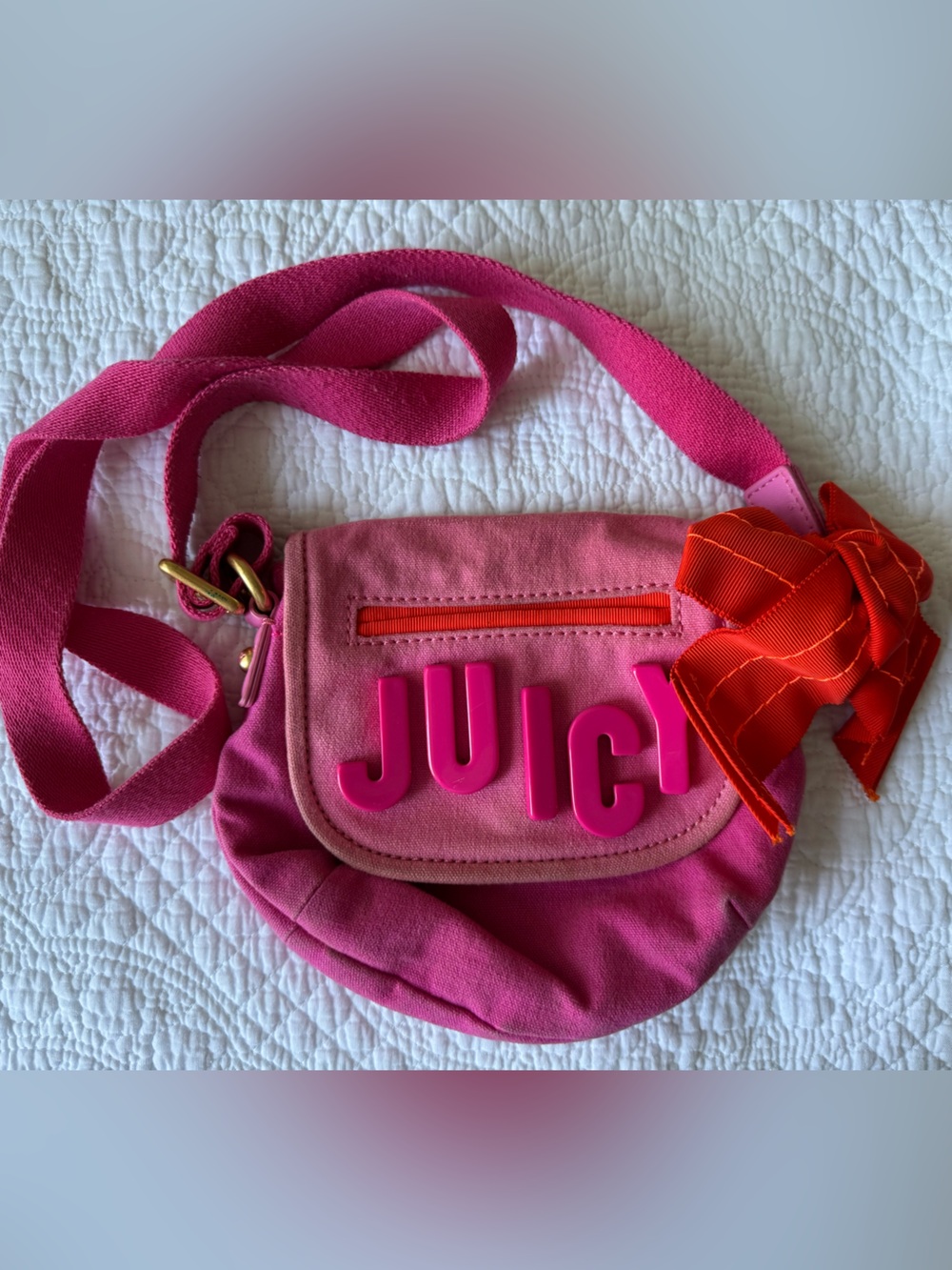 Juicy Couture Hot Pink Kids Crossbody Bag with Red Bow Accent